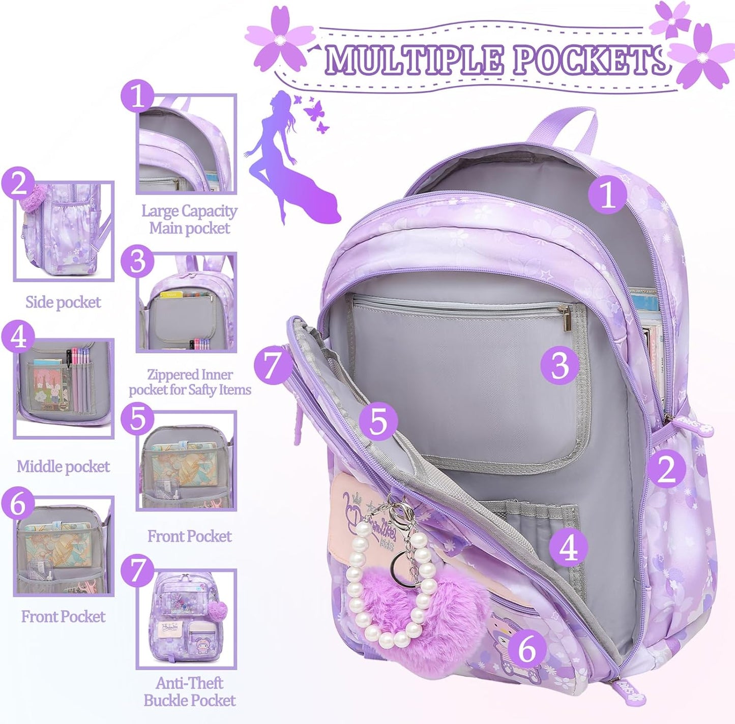 Lovely Girls Backpack School Bag for Students Kids Book Bag with Multiple Pockets Splash-proof Children's Backpack(17inch Purple)