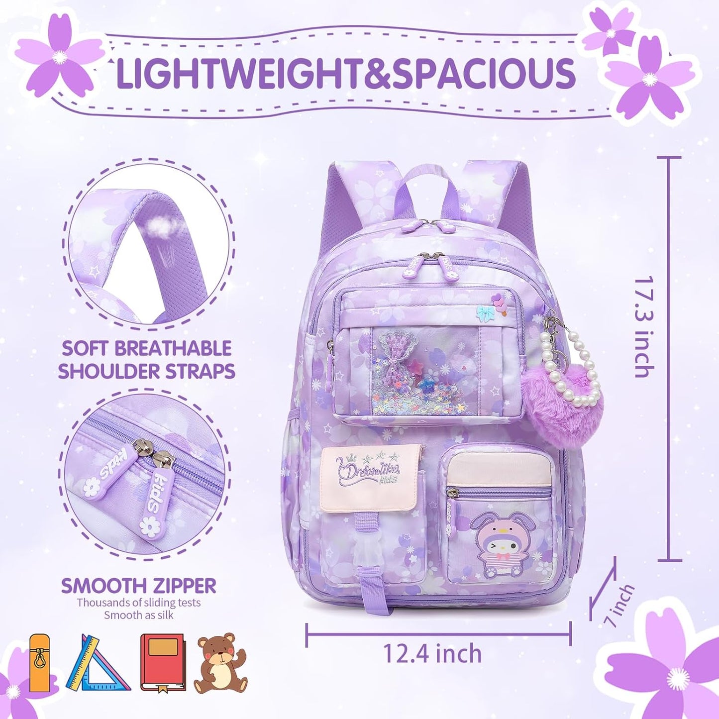 Lovely Girls Backpack School Bag for Students Kids Book Bag with Multiple Pockets Splash-proof Children's Backpack(17inch Purple)