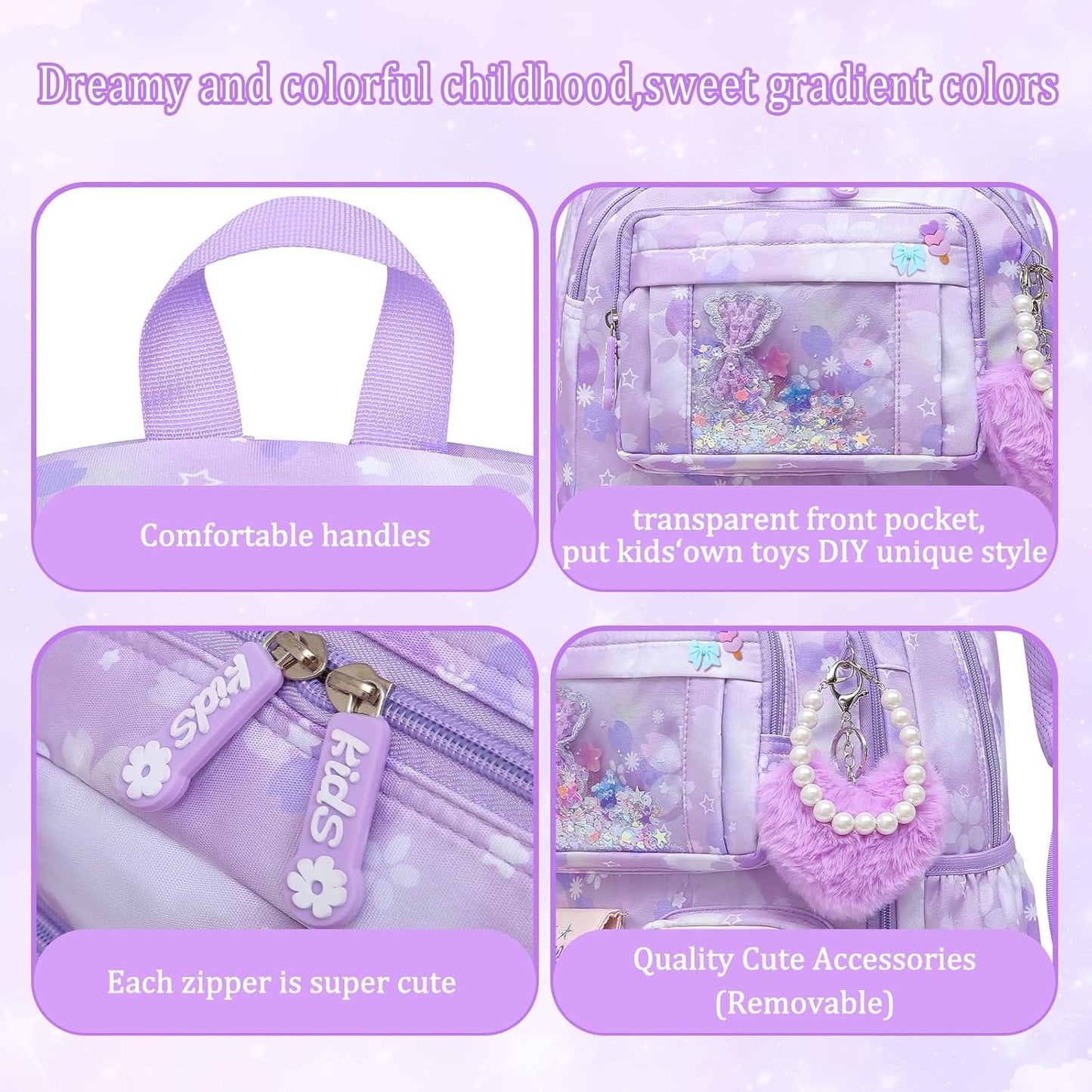Lovely Girls Backpack School Bag for Students Kids Book Bag with Multiple Pockets Splash-proof Children's Backpack(17inch Purple)