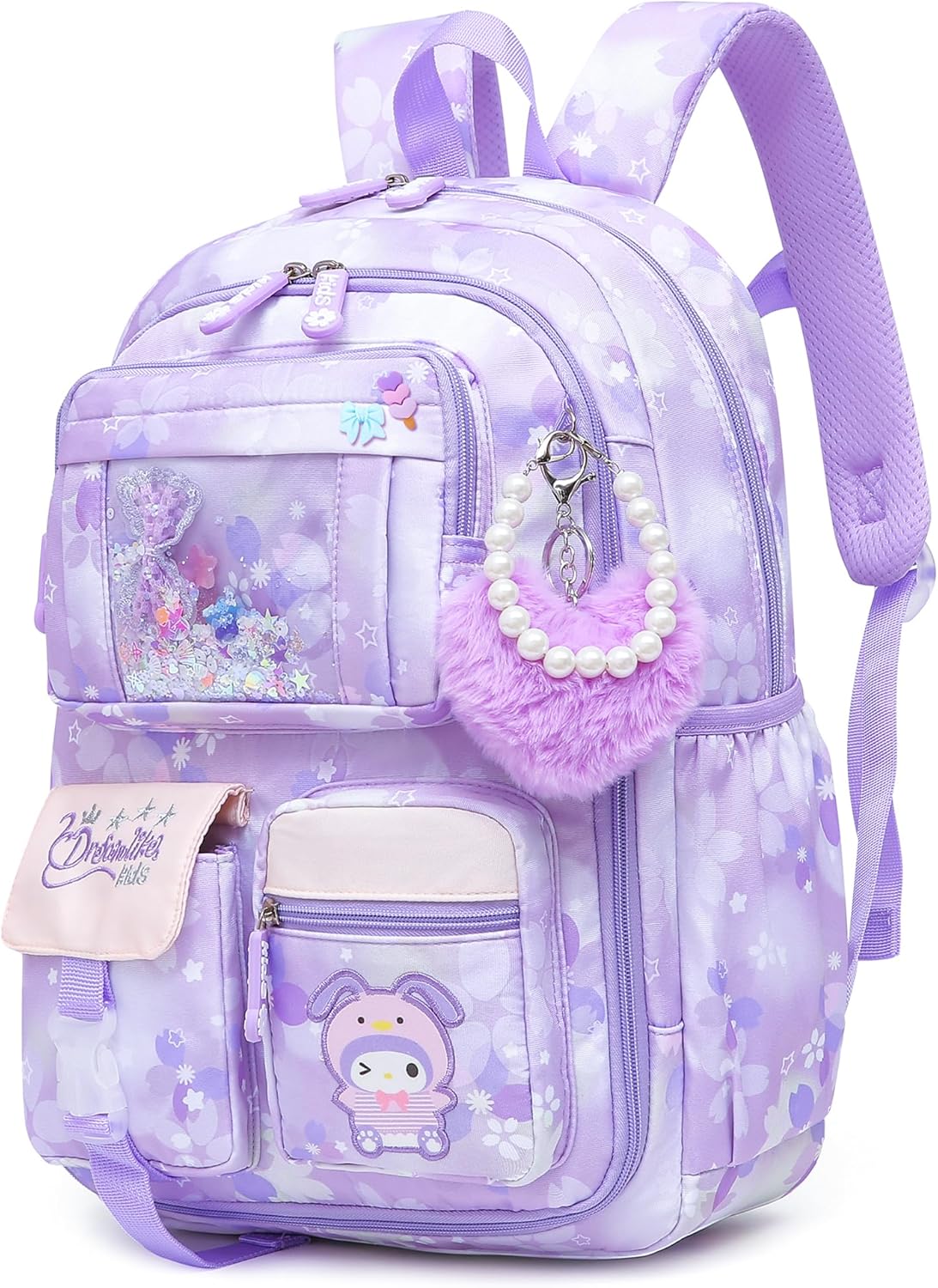 Lovely Girls Backpack School Bag for Students Kids Book Bag with Multiple Pockets Splash-proof Children's Backpack(17inch Purple)