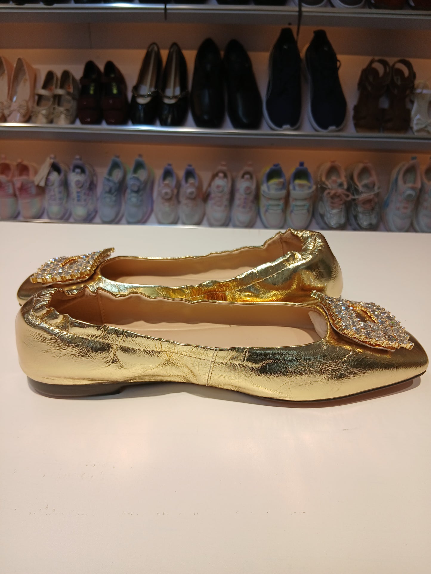 LUSTROUS PATENT GOLD & SILVER FLAT SHOES
