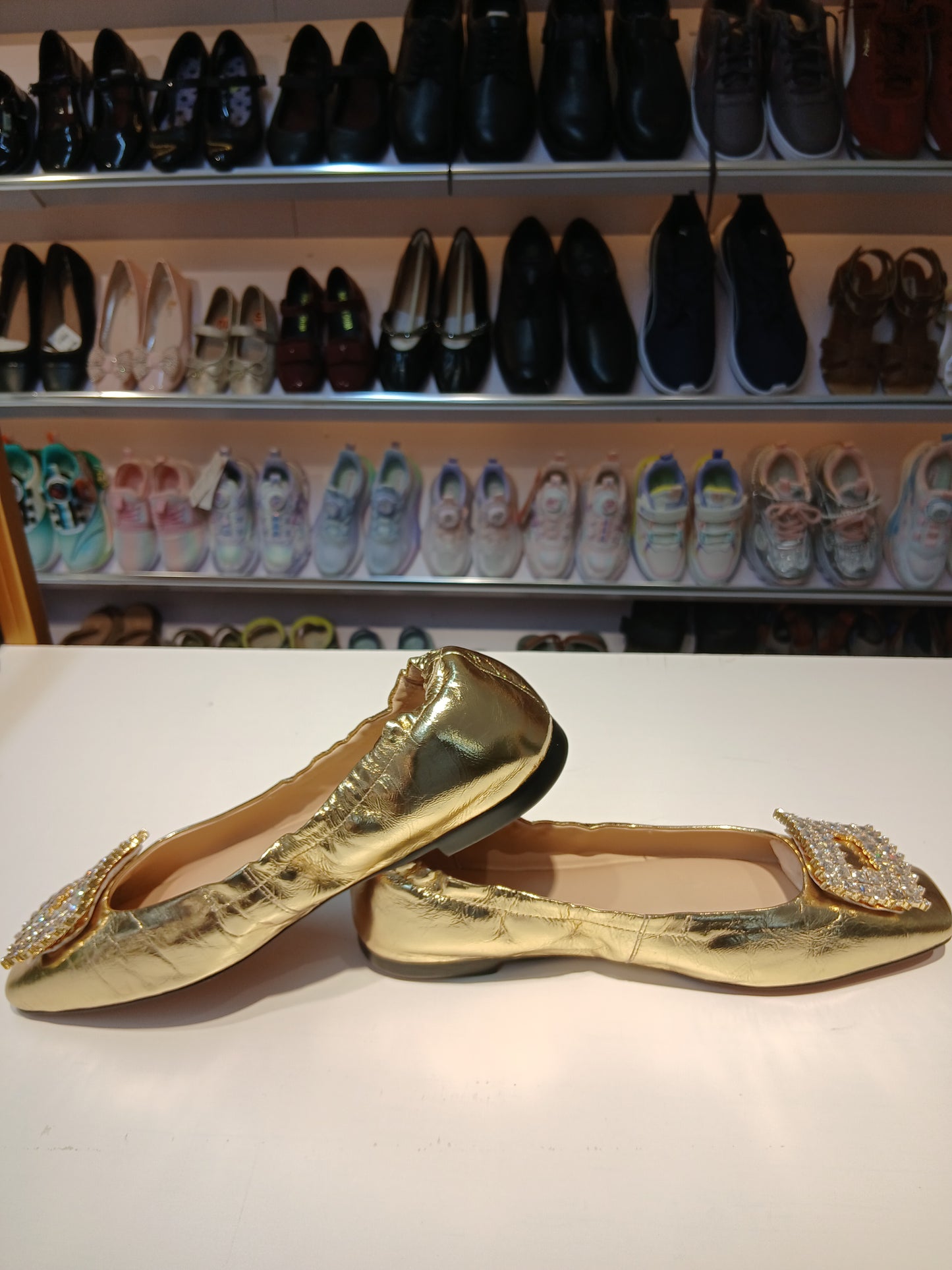 LUSTROUS PATENT GOLD & SILVER FLAT SHOES
