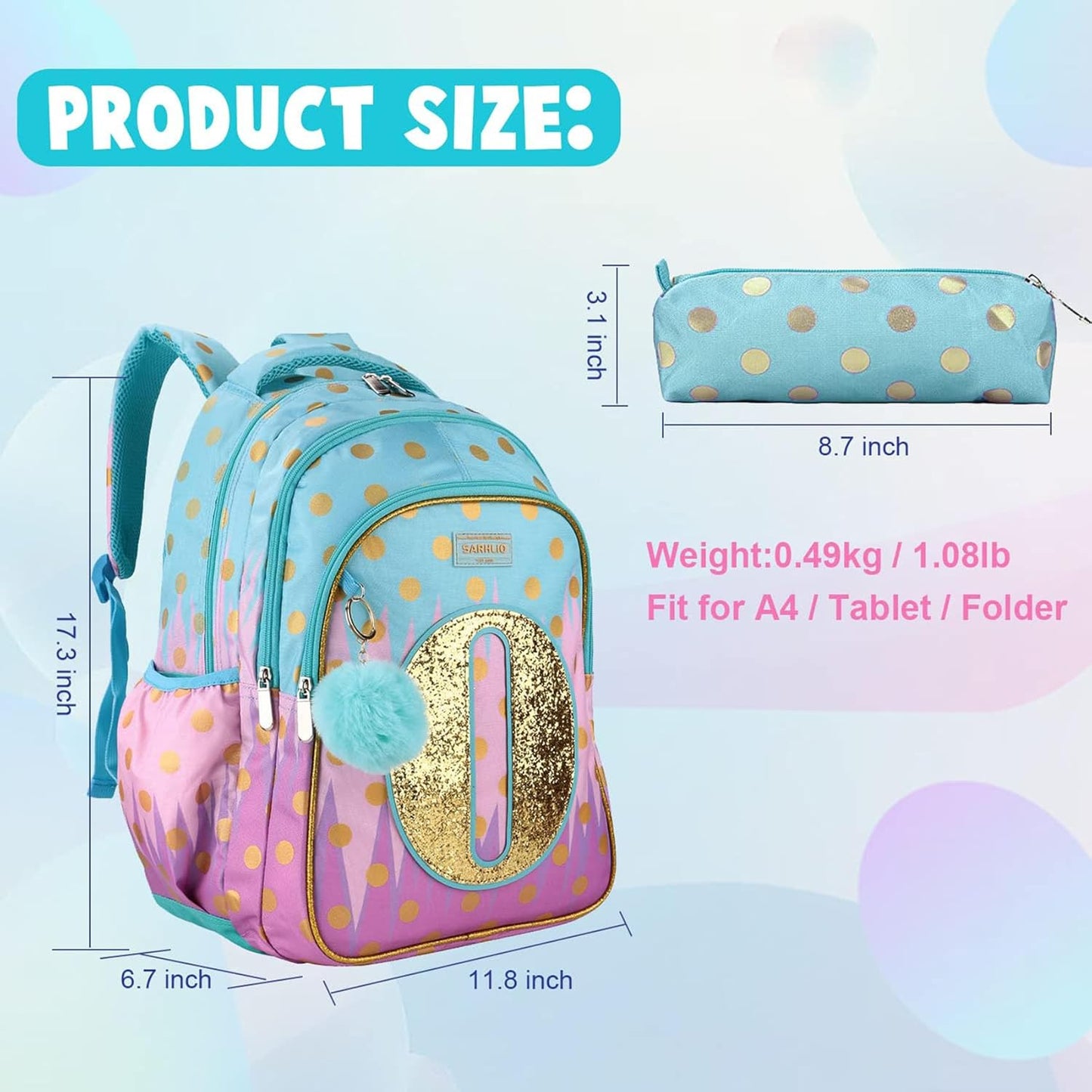 Backpack with Pencil Case, Glitter Galaxy Elementary School Girls School Bag Large 16 Inch Bookbag