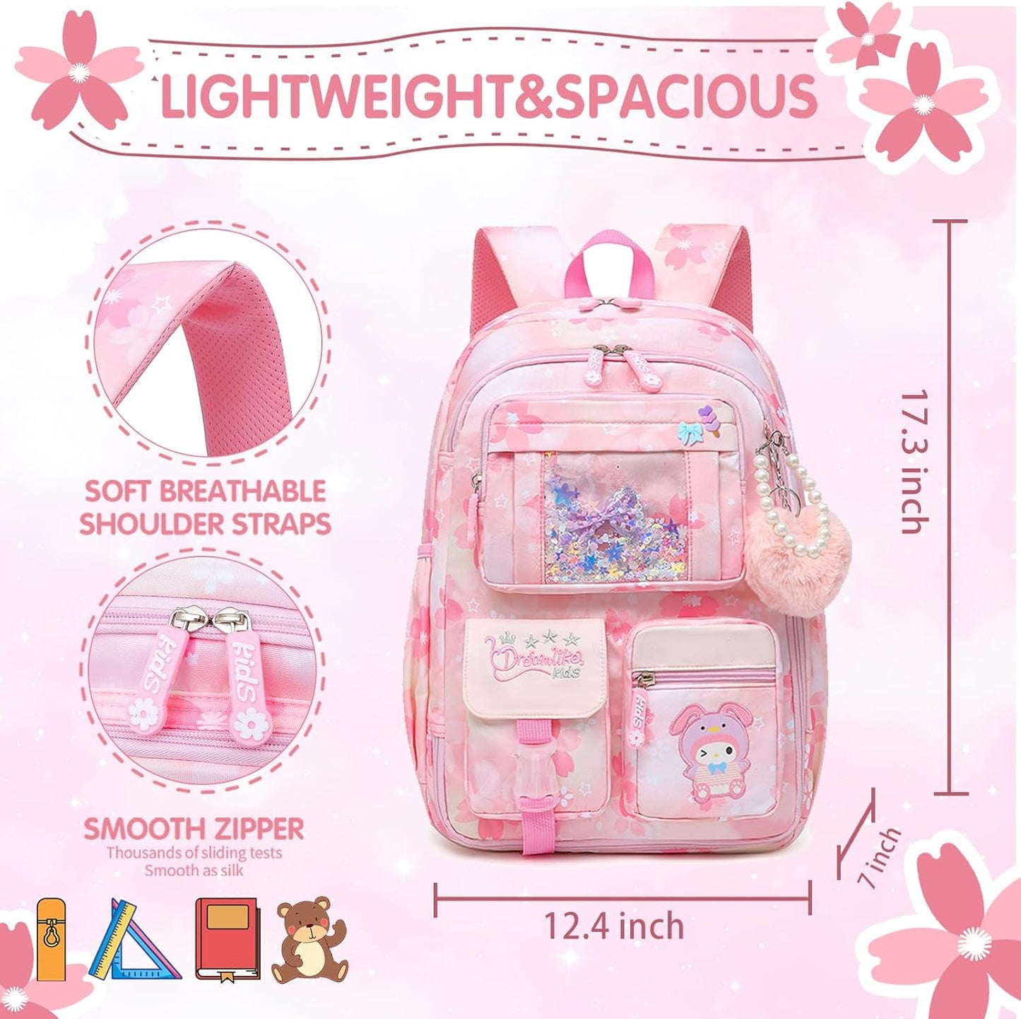 Lovely Girls Backpack School Bag for Students Kids Book Bag with Multiple Pockets Splash-proof Children's Backpack（17inch Purple）