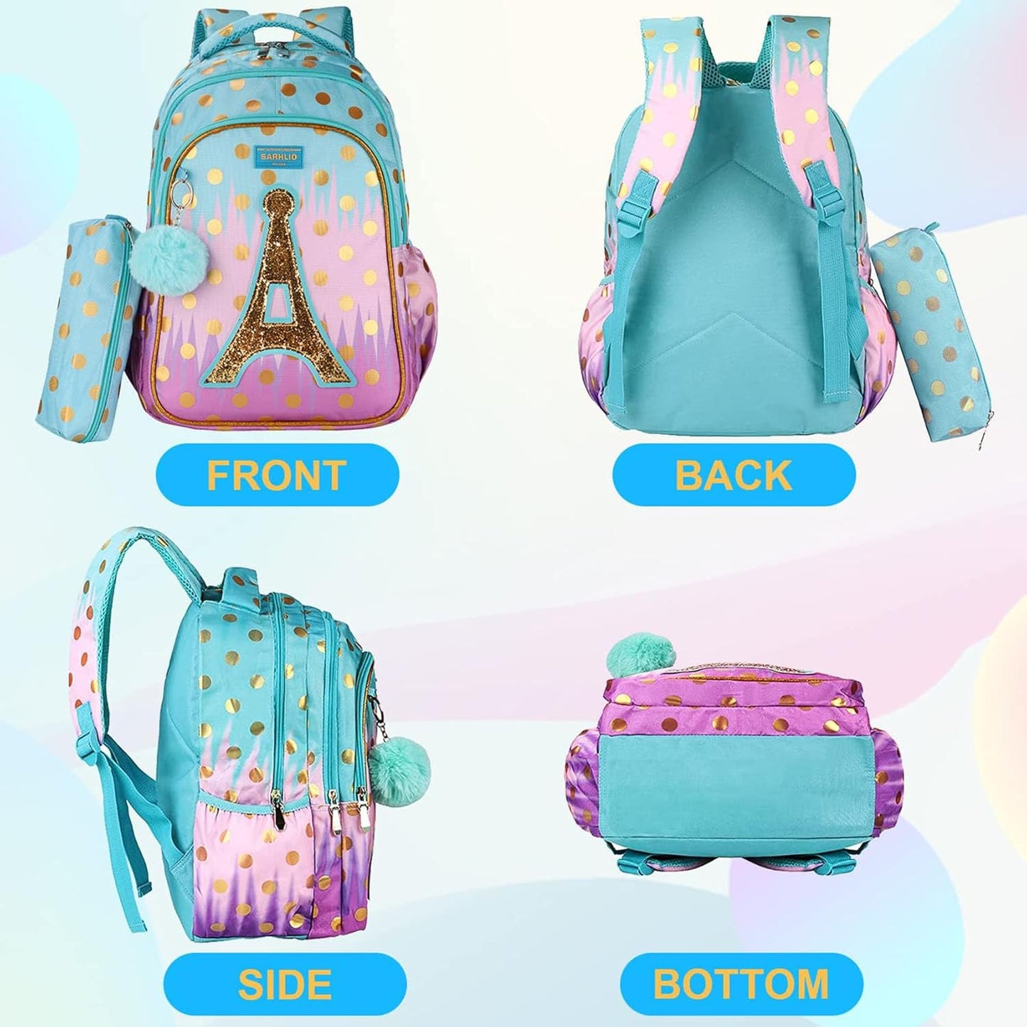 Backpack with Pencil Case, Glitter Galaxy Elementary School Girls School Bag Large 16 Inch Bookbag