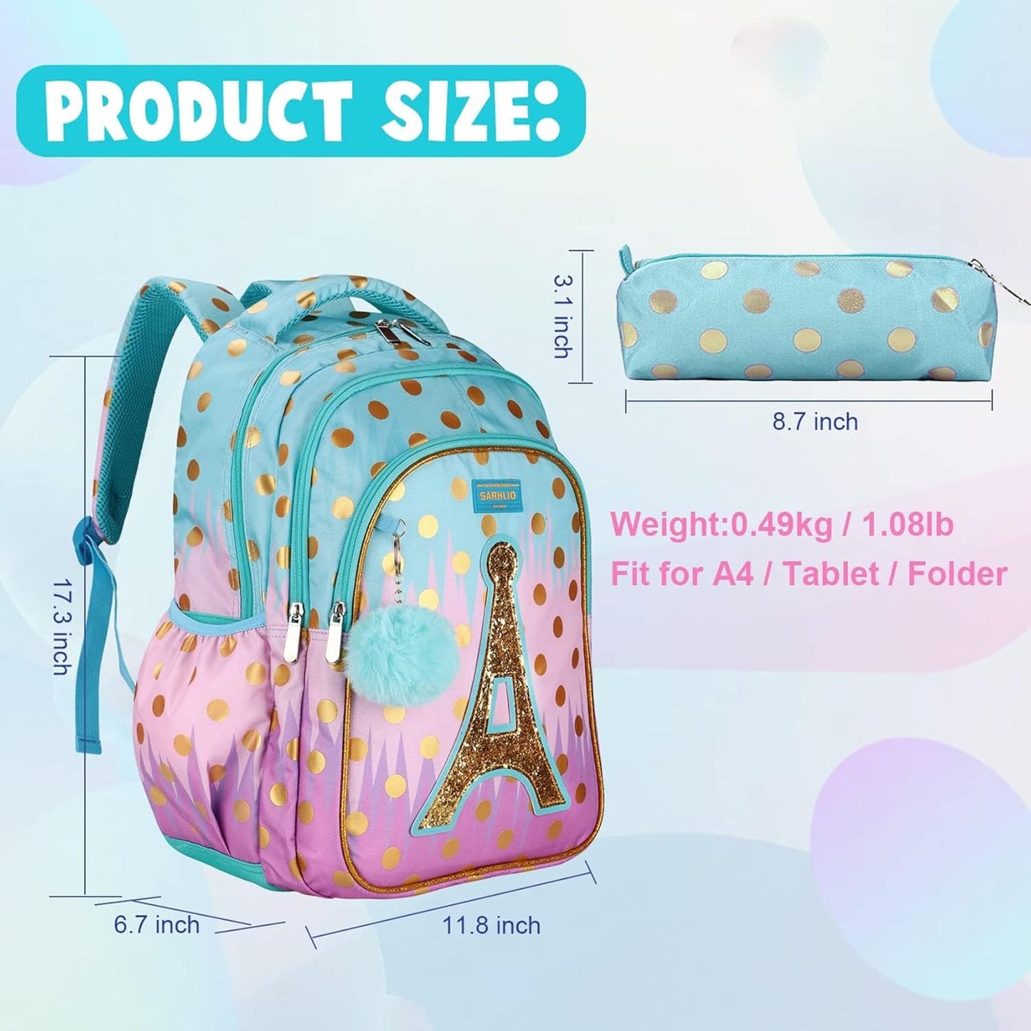 Backpack with Pencil Case, Glitter Galaxy Elementary School Girls School Bag Large 16 Inch Bookbag