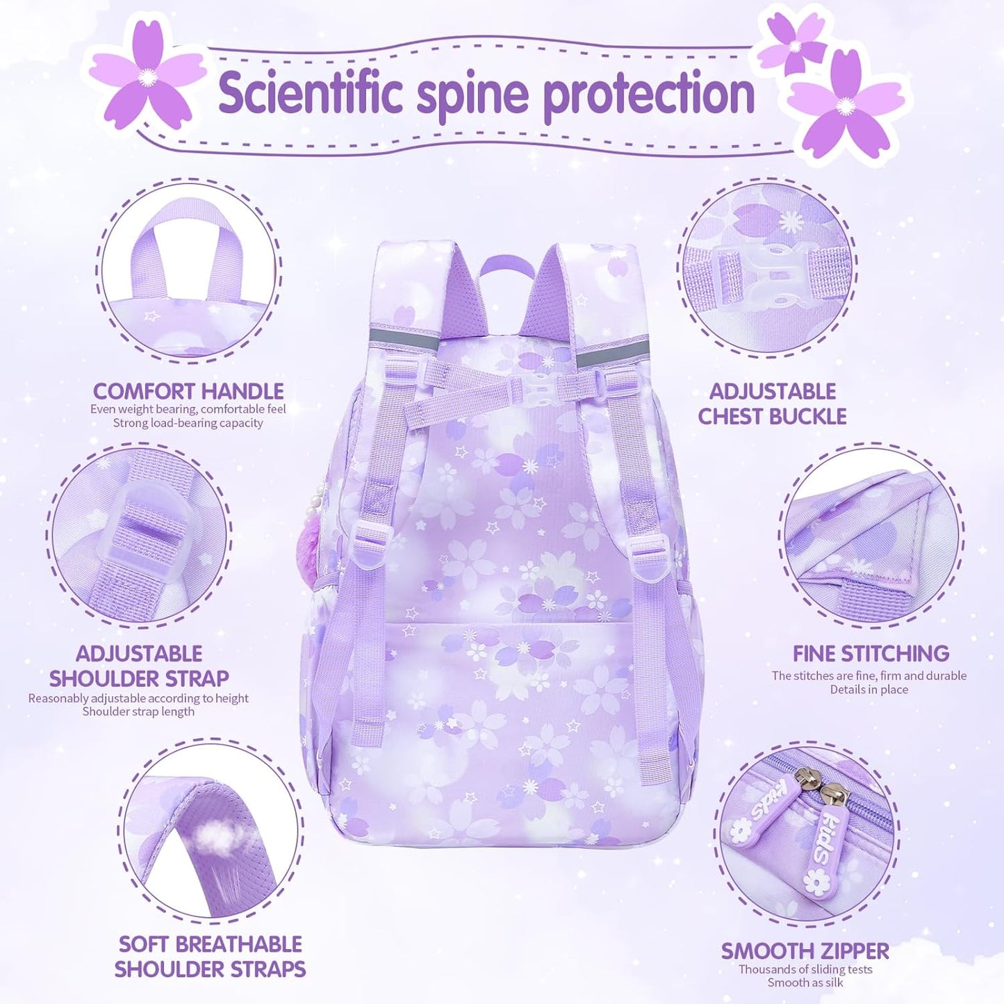 Lovely Girls Backpack School Bag for Students Kids Book Bag with Multiple Pockets Splash-proof Children's Backpack（17inch Purple）