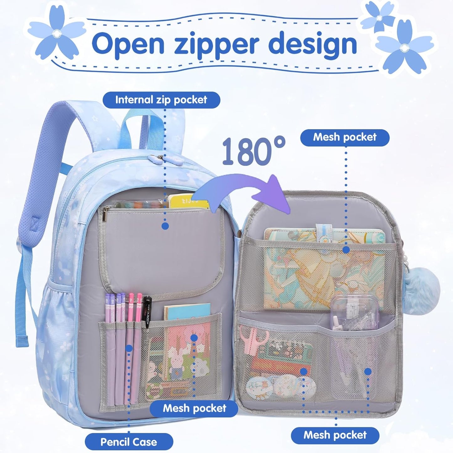 Lovely Girls Backpack School Bag for Students Kids Book Bag with Multiple Pockets Splash-proof Children's Backpack（17inch Purple）