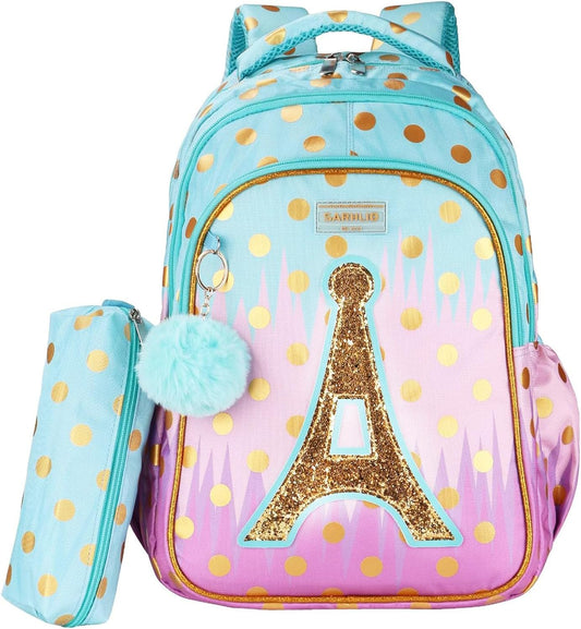 Backpack with Pencil Case, Glitter Galaxy Elementary School Girls School Bag Large 16 Inch Bookbag