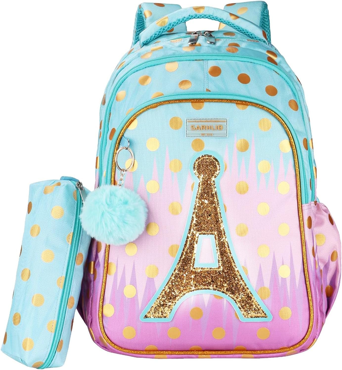 Backpack with Pencil Case, Glitter Galaxy Elementary School Girls School Bag Large 16 Inch Bookbag