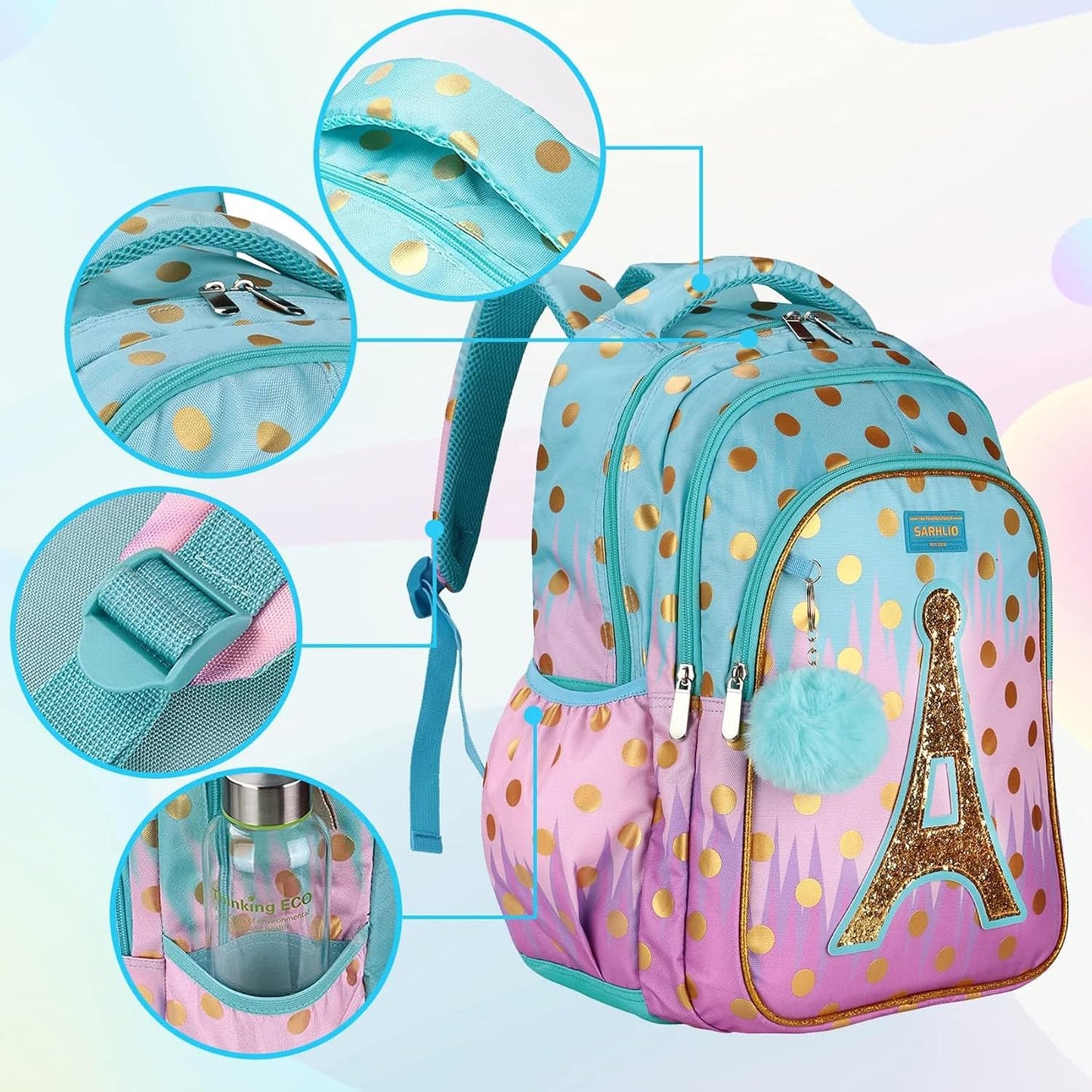 Backpack with Pencil Case, Glitter Galaxy Elementary School Girls School Bag Large 16 Inch Bookbag