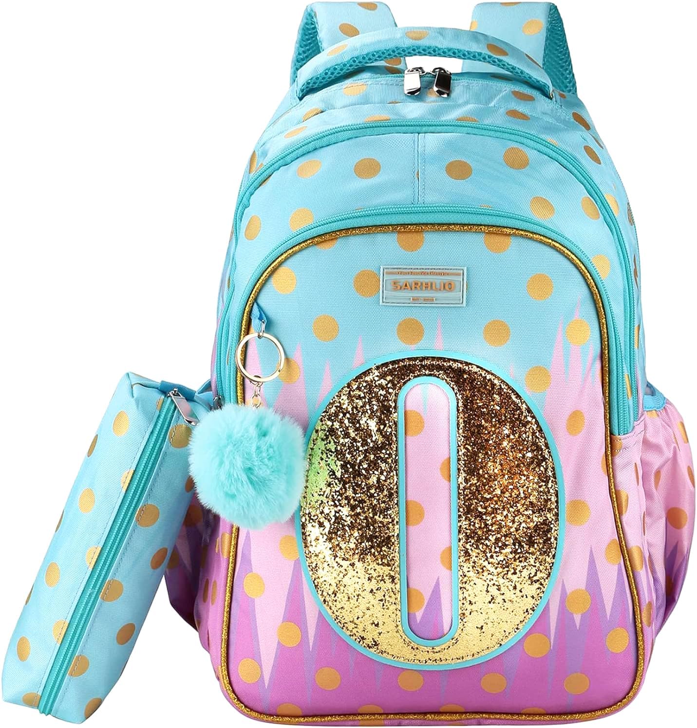 Backpack with Pencil Case, Glitter Galaxy Elementary School Girls School Bag Large 16 Inch Bookbag