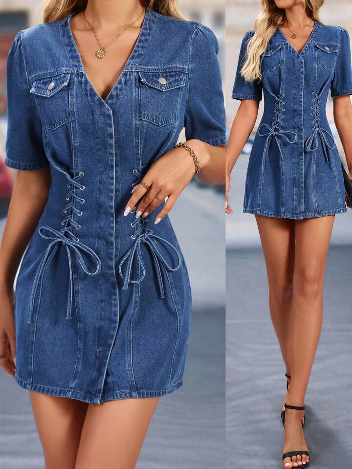 FOREVER DENIM PUFF HAND DRESS