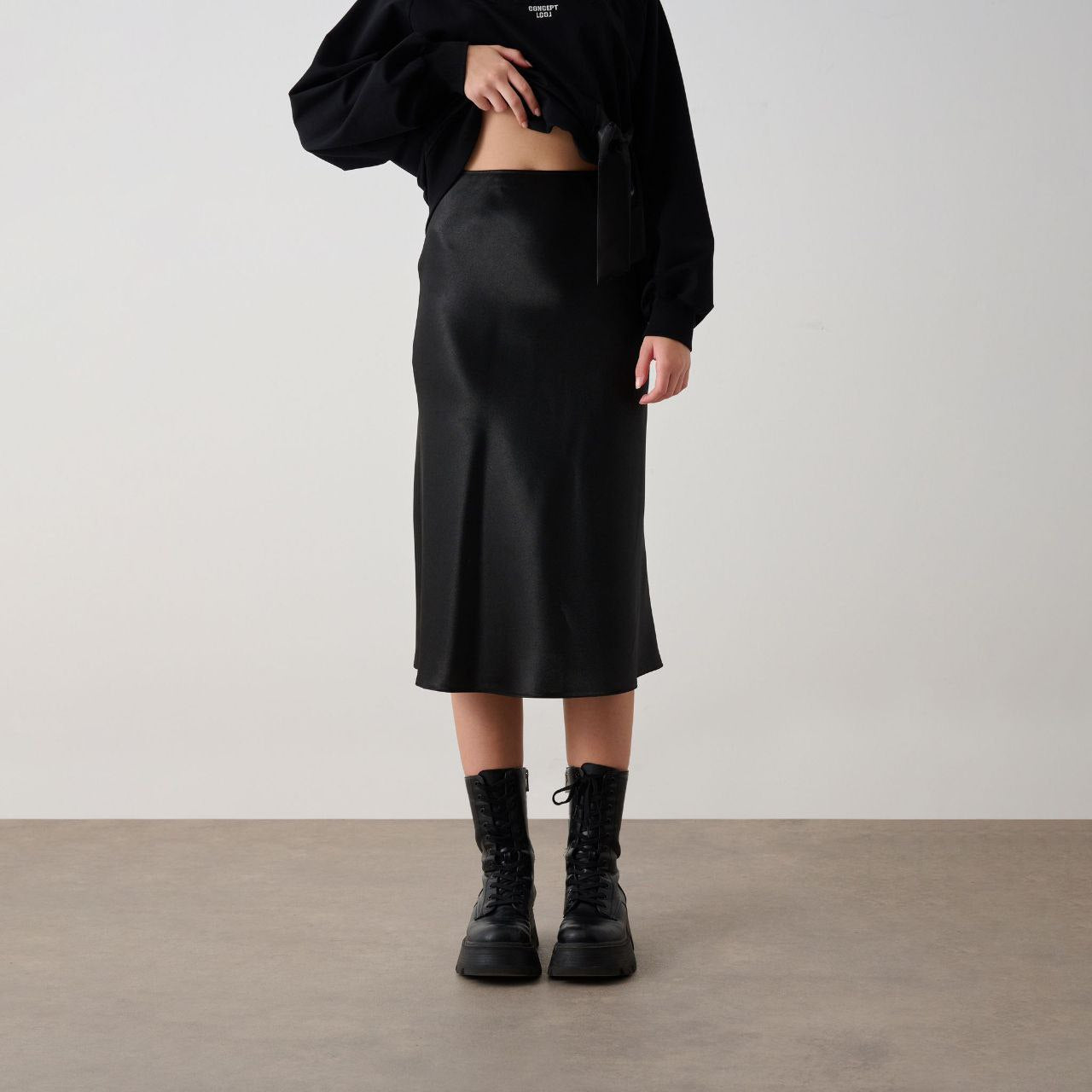 Midi length satin slip skirts
